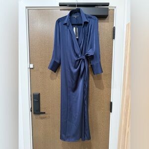 Pamela Milano Silk Wrap Dress Navy IT 48 US 12 NWT
